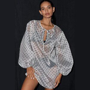 NEW Mare Mare One Size Women's Sheer Puff-Sleeve Mini Dress - Polka Dot